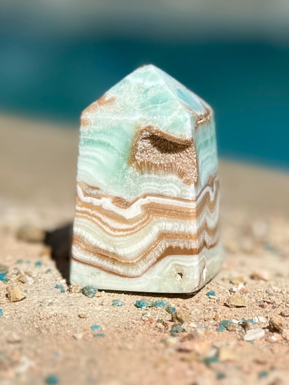 AAA Caribbean Blue Green Banded Aragonite Calcite Crystal Tower